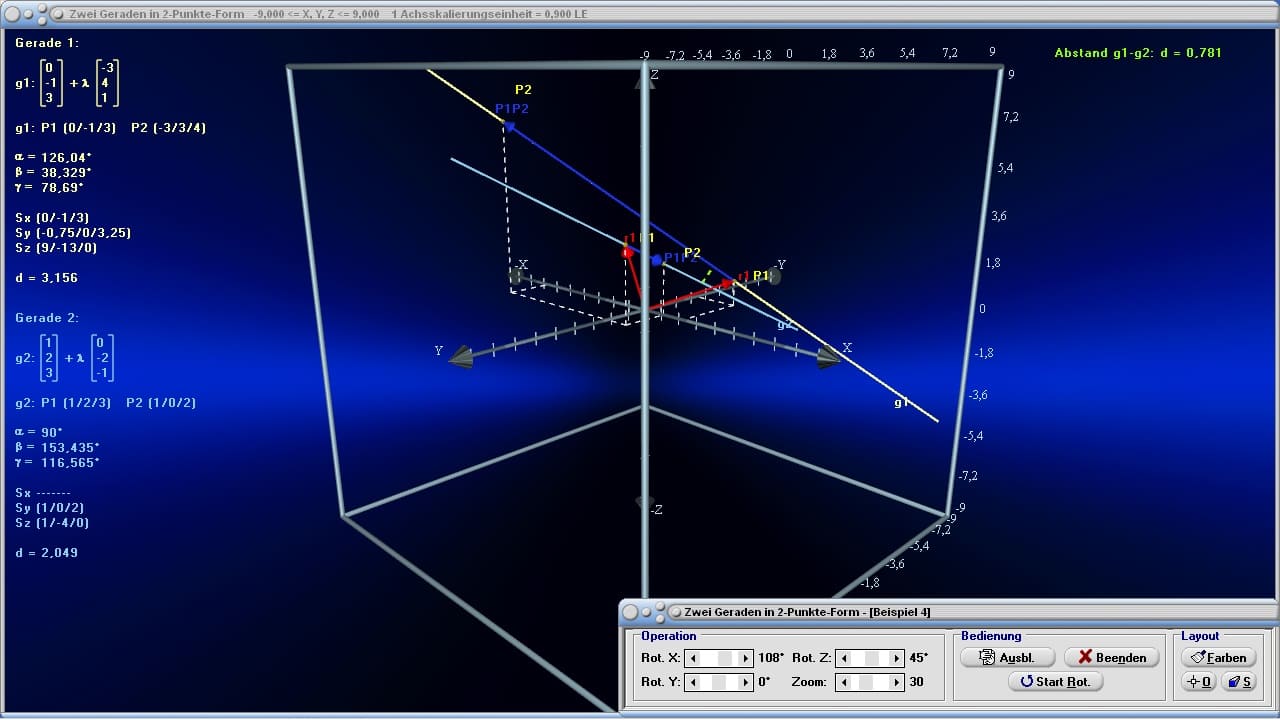 MathProf - Gerade - Winkel zwischen zwei Geraden - Abstand Gerade Gerade - Abstand zweier Punkte - Rechner - Berechnen - Zeichnen