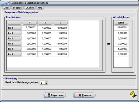 MathProf - KGS - Komplexes Gleichungssystem - Komplexe Gleichungssysteme - Lineares Gleichungssystem komplexer Zahlen - Komplex - Lösen komplexer Gleichungssysteme - Koeffizienten - Rechner - Beispiel - Berechnen