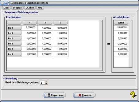 MathProf - KGS - Komplexes Gleichungssystem - Komplexe Gleichungssysteme - Lineares Gleichungssystem komplexer Zahlen - Komplex - Lösen komplexer Gleichungssysteme - Koeffizienten - Rechner - Beispiel - Berechnen