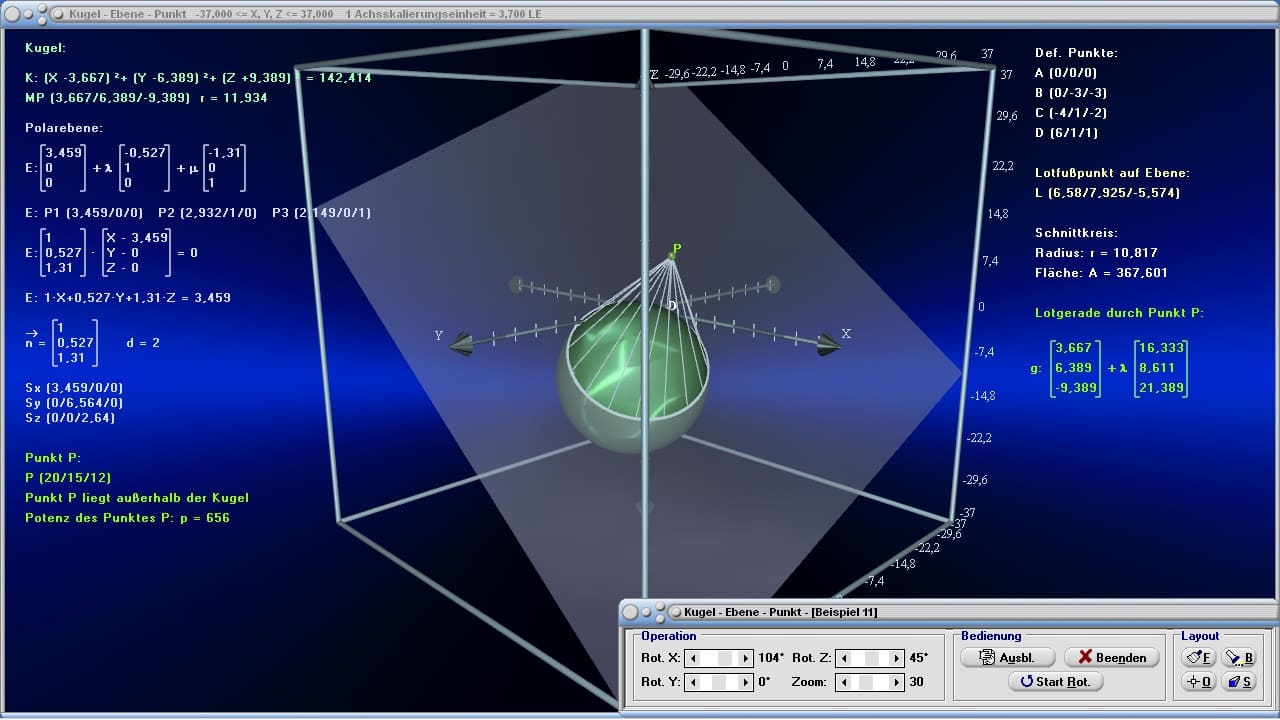 MathProf - Ebene - Kugel - Lagebeziehung - Spurpunkte - Vektorielle Gleichung - Vektorrechnung - Gleichung - Punkte - Beispiel - Lagebeziehungen - Tangentialkegel - Schnittebene - Kugelgleichung - Rechner - Berechnen