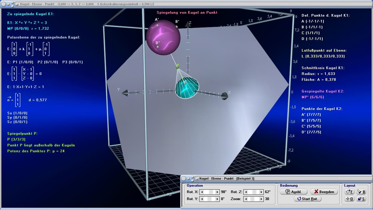 MathProf - Ebene - Kugel - Ortsvektor - Richtungsvektor - Eigenschaften - Gleichung - Definition - Sehnenlänge - Spiegelung - Schnittpunkte - Beispiel - Lagebeziehungen - Tangentialkegel - Schnittebene - Kugelgleichung - Rechner - Berechnen