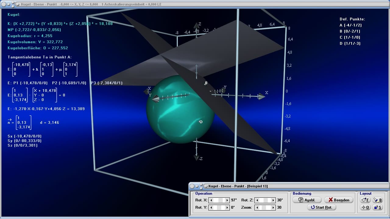 MathProf - Ebene - Kugel - Ebenengleichung - Parameterform - Vektoren - Winkel - Koordinatenform - Abstand - Berührpunkt - Beispiel - Lagebeziehungen - Tangentialkegel - Schnittebene - Kugelgleichung - Tangentialebene - Rechner - Berechnen