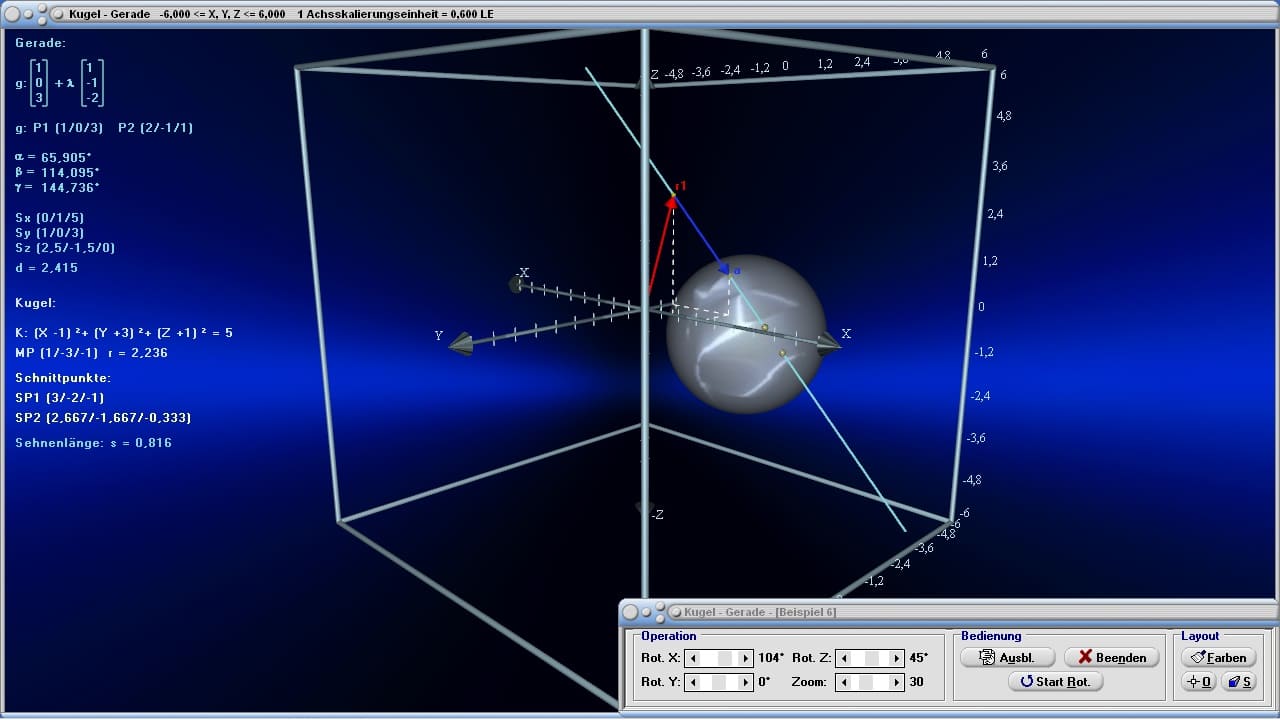 MathProf - Gerade - Kugel - Lagebeziehung - Spurpunkte - Vektorielle Gleichung - Vektorrechnung - Darstellen - Gleichung - Punkte - Beispiel - Lagebeziehungen - Schnittpunkt - Kugeloberfläche - Kugelvolumen - Vektorgeometrie - Darstellen - Plotten - Graph - Rechner - Berechnen - Grafik - Zeichnen - Plotter