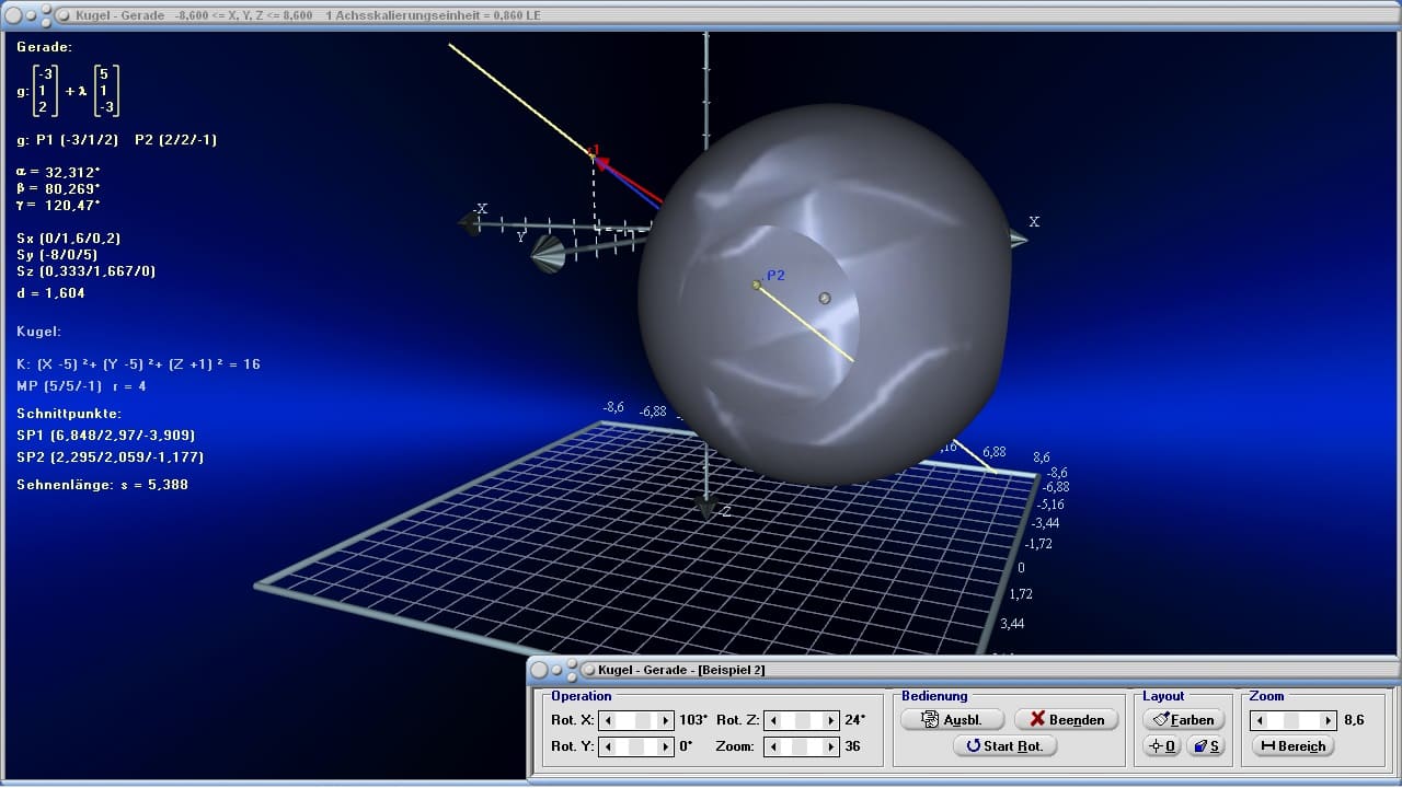 MathProf - Gerade - Kugel - Ortsvektor - Richtungsvektor - Eigenschaften - Gleichung - Definition - Sehnenlänge - Spiegelung - Schnittpunkte - Beispiel - Lagebeziehungen - Schnittpunkt - Kugeloberfläche - Kugelvolumen - Kugelgleichung - Vektorgeometrie - Darstellen - Plotten - Graph - Rechner - Berechnen - Grafik - Zeichnen - Plotter
