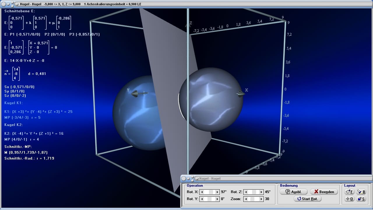 MathProf - Kugel - Kugeln - Schnittkreis - Kugelgleichung - Vektorielle Gleichung - Vektorrechnung - Darstellen - Zwei Kugeln - Punkte - Kugeln im Raum - 3d - Koordinaten - Räumliches Koordinatensystem - Kartesisches Koordinatensystem - Raumkoordinaten - Raumkoordinatensystem - Beispiel - Abstand Ebene-Kugel - Rechner - Berechnen