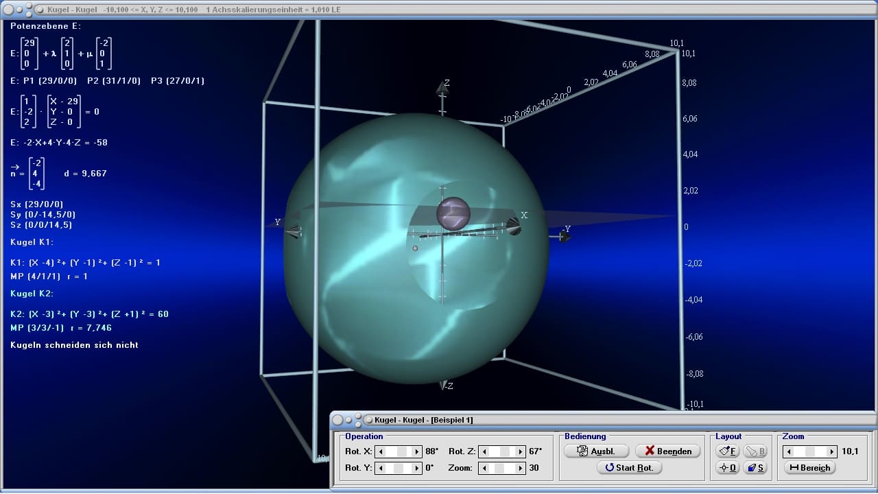 MathProf - Kugel - Kugeln - Schnittkreis - Kugelgleichung - Vektorielle Gleichung - Schnittebene - Potenzebene - Punkte - 3d - Koordinaten - Räumliches Koordinatensystem - Kartesisches Koordinatensystem - Raumkoordinaten - Raumkoordinatensystem - Beispiel - Abstand - Ebene-Kugel - Darstellen - Rechner - Berechnen