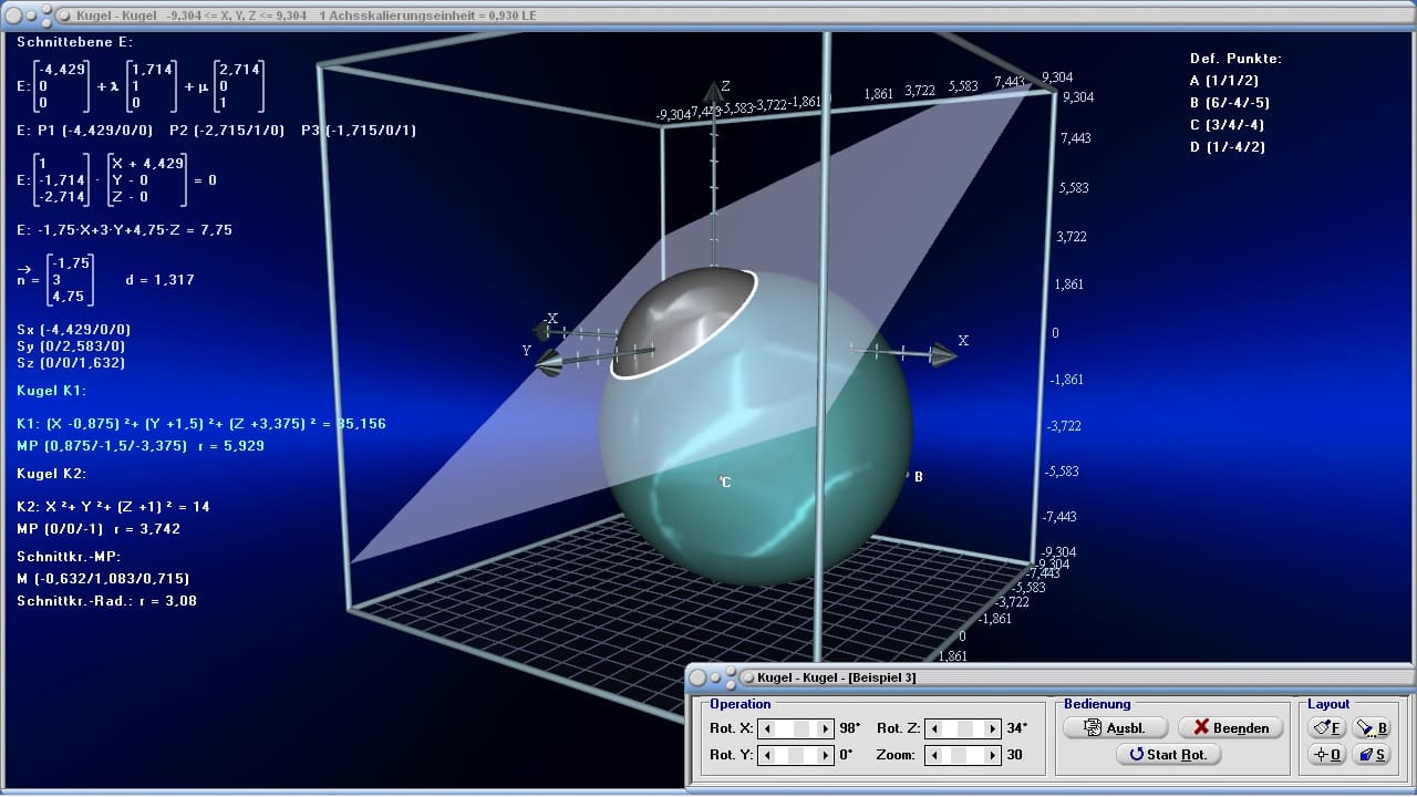 MathProf - Kugel - Kugeln - Schnittkreis - Kugelgleichung - Vektorielle Gleichung - Vektorrechnung - Darstellen - Zwei Kugeln - Punkte - Kugeln im Raum 3d - Koordinaten - Räumliches Koordinatensystem - Kartesisches Koordinatensystem - Raumkoordinaten - Raumkoordinatensystem - Beispiel - Abstand Ebene-Kugel