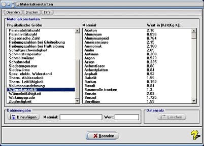 MathProf - Materialkonstanten - Tabelle - Materialkonstante - Volumenausdehnung - Wärmekapazität - Wärmeleitfähigkeit - Reibungszahl - Gasdichte - Beispiel - Brechzahlen - Dichte - Ausdehnungskoeffizienten - Gasdichte - Härtegrad - Heizwert - Ionenradius - Ionisierungsenergie - Kompressibilität - Längenausdehnung - Luftwiderstandszahl - Reibungszahlen - Berechnen