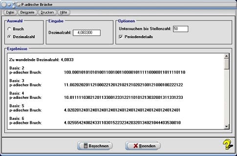 MathProf - Bruch - Periode - Periodenlänge - Periodische Brüche - Bruch - Reihe - Zahlensystem - Dezimalzahl - Zähler - Nenner - Umrechnen - Umrechnung - Basis - Rechner - Tabelle - Liste - Berechnen