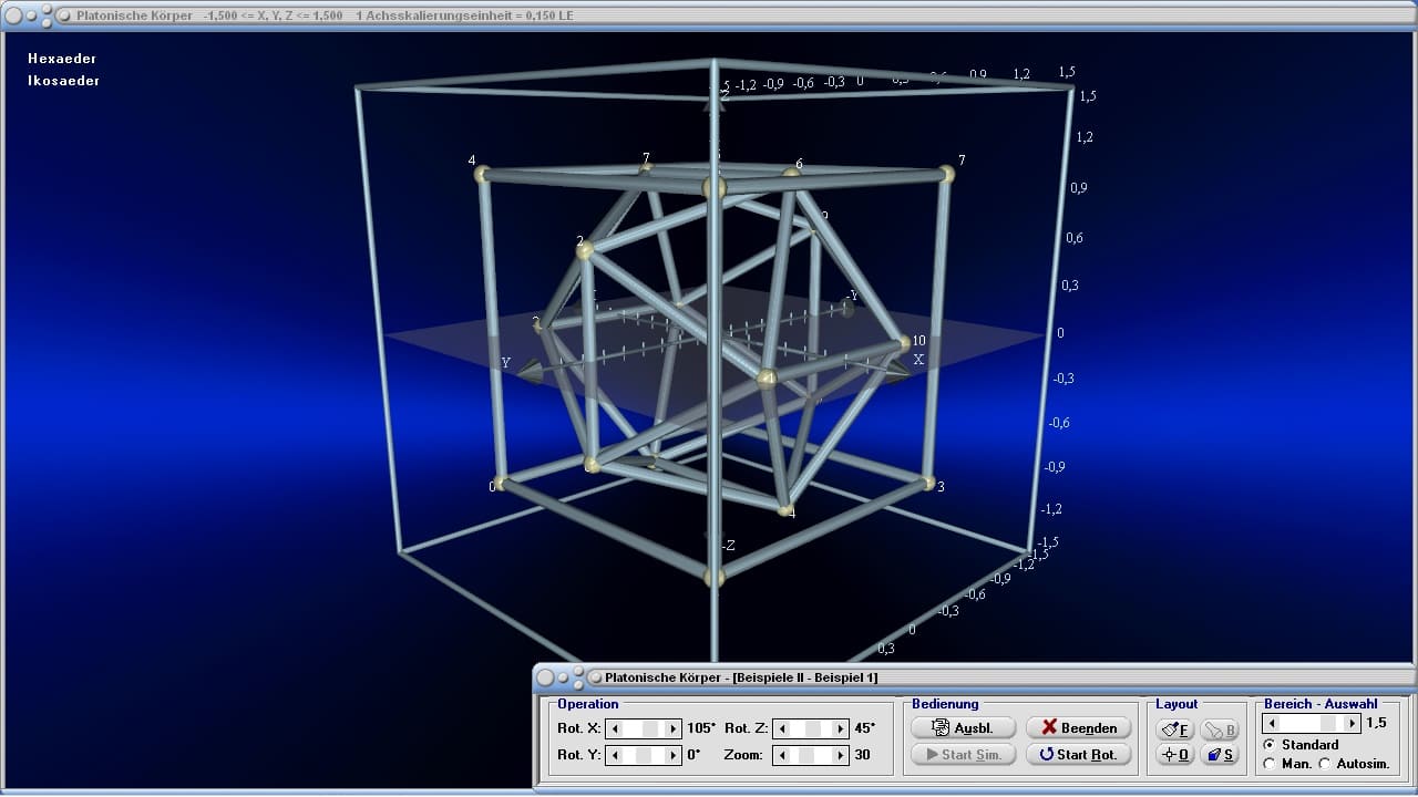 MathProf - Platonische Körper - Hexaeder - Ikosaeder - Geometrie - Koordinaten - Kanten - Modell - Oberfläche - Ecken - Geometrische Körper - Beispiel  - Gitter - Volumen - Formel - Winkel - Rauminhalt - Zwanzigflächner - Sechsflächner - Darstellen - Zeichnen - Rechner - Berechnen