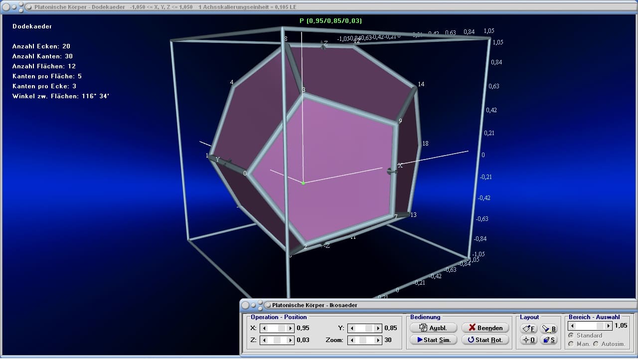 MathProf - Platonische Körper - Animation - Vierflächner - Formel - Pentagondodekaeder - Platon - Körper - Dualität - R3 - Konvexe Polyeder - Platonische Polyeder - Dodekaeder - Tabelle - Volumen - Zeichnen - Rechner - Berechnen