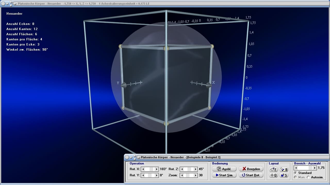 MathProf - Platonische Körper - Hexaeder - Ecken - Kanten - Geometrische Körper - Raumgeometrie - Beispiel - Flächen - Umkugel - Inkugel - Volumen - Winkel - Rauminhalt - Sechsflächner - Würfel - Zeichnen - Rechner - Berechnen