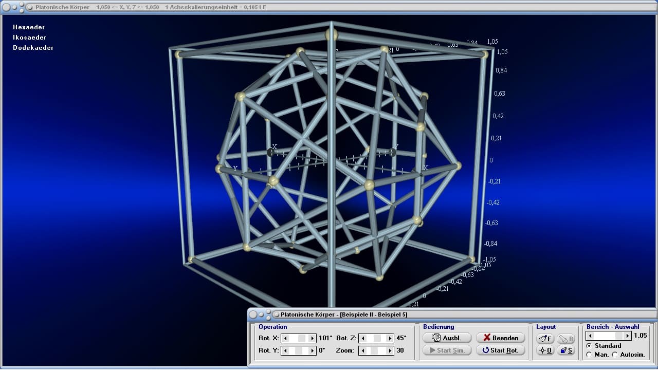 MathProf - Ikosaeder - Hexaeder - Dodekaeder - Raum - Räumlich - Räumlich - Mantelfläche - Netz - Simulation - Seitenlänge - Übersicht - Innenwinkel - Gitter - Körpernetz - Polyedersatz - Eulerscher - Polyedersatz - Kantenlänge - Mathematik - Oberfläche - Volumen - Würfel - Achtflächner - Inkugel - Umkugel - Geometrische Körper - Beispiel - Zwanzigflächner - Zeichnen - Rechner - Berechnen