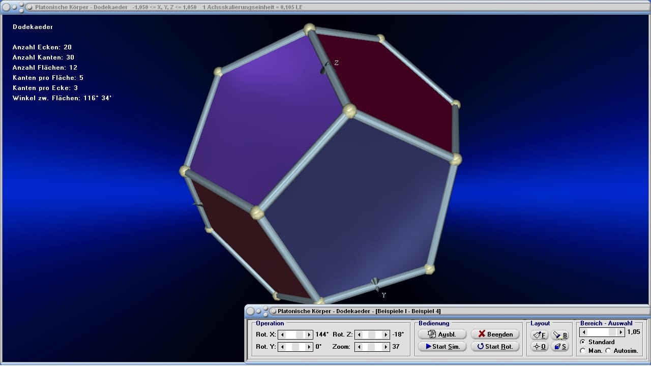 MathProf - Platonische Körper - Präsentation - Bild - Dreidimensional - 3D - Formel - Bilder - Darstellung - Berechnung - Was ist - Was sind - Geometrie - Koordinaten - Oberfläche - Seiten - Volumen - Winkel - Formel - Zwanzigflächner - Kanten - Ecken - Inkugel - Dodekaeder - Rechner - Berechnen