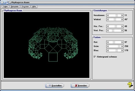 MathProf - Pythagoras-Baum - Baum des Pythagoras - Fraktale Geometrie - Selbstähnliche Figuren - Selbstähnlichkeit - Bilder - Rekursion - Rekursive Grafik - Plotten - Zeichnen - Animation - Graph
