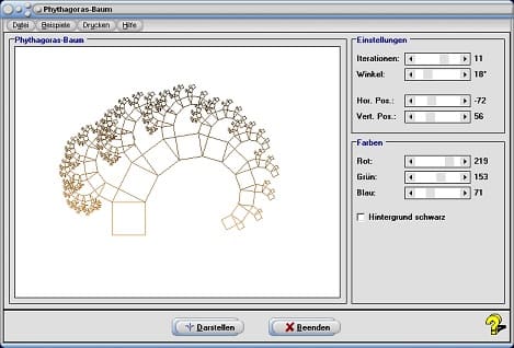 MathProf - Pythagoras-Baum - Programm - Software - Rekursiv - Rekursive Methode - Darstellung - Berechnen - Plotten - Zeichnen - Animation - Graph - Verfahren - Berechnung - Darstellen - Selbstähnliche Strukturen - Plotter