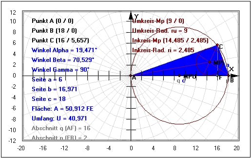 MathProf - Rechtwinkliges Dreieck - Fläche - Flächenberechnung - Flächeninhalt - Punkte - Hypotenusenabschnitt -  Innenwinkel - Pythagoras -  Beispiel - Winkel - Hypotenuse - Winkelhalbierende - Seitenhalbierende - Abschnitt - Länge - Bezeichnung - Flächenrechner