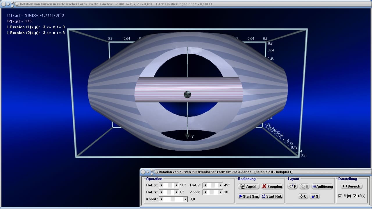 MathProf - Rotationskörper - Rotation von Körpern - Beschreibung - Definition - Drehung - Drehachse - Berechnung - Rotationssymmetrie - Rotationssymmetrisch - Beispiele - Animation - Rotationsachse - Rotationsfläche - Statisches Moment - Volumen - Schwerpunkt - Volumenschwerpunkt - Volumenintegral - Integralrechnung - Integral - Volumen - Rotationsvolumen - Rotation um x-Achse - Bogenlänge - Mantelfläche - 3D-Grafik - 3D-Plotter - 3D-Plot - Grafisch - Darstellen - Plotten - Graph - Grafik - Zeichnen - Plotter - Rechner - Berechnen - Schaubild