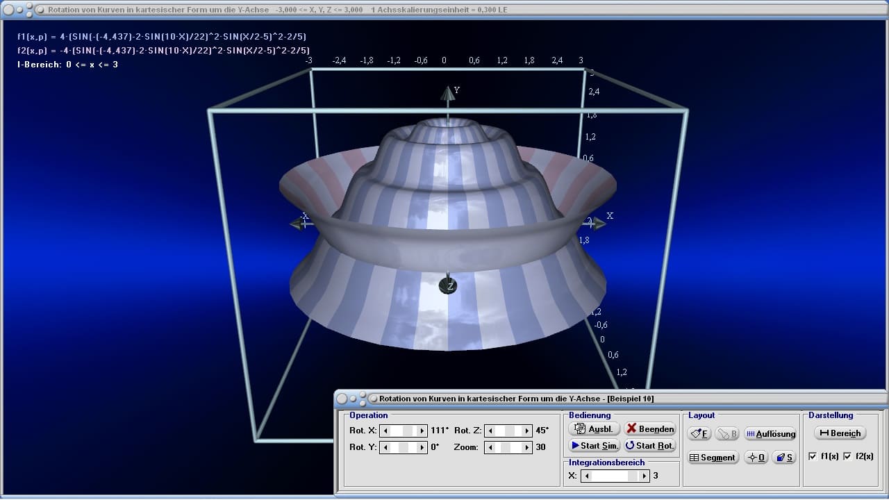 MathProf - Rotationskörper - Rotation von Körpern - Animation - Rotationsachse - Rotationsfläche - Volumenintegral - Statisches Moment - Volumen - Beispiel - Integralrechnung - Integral - Rotationsvolumen - Rotation um y-Achse - Bogenlänge - 3D - Grafisch - Darstellen - Plotten - Graph - Grafik - Zeichnen - Plotter - Rechner - Berechnen