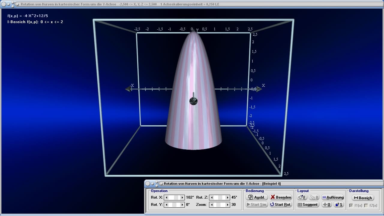 MathProf - Rotationskörper - Schwerpunkt - Volumen - y-Achse - Rotation - Volumen - Rauminhalt - Bogenlänge - Volumenintegral - Statisches Moment -  Beispiel - Integralrechnung - Integral - Rotationsvolumen - Rotation um y-Achse - 3D-Plotter - 3D-Plot - 3D-Grafik - Rechner - Berechnen - Darstellen - Plotten - Graph - Zeichnen
