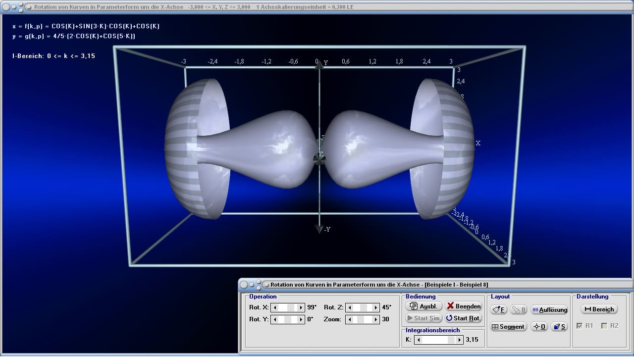 MathProf - Rotationskörper - Parameterdarstellung - Radius - Schwerpunkt - Volumen - x-Achse - Rotationsvolumen - Rauminhalt - Bogenlänge - Integralrechnung - Animation - Simulation - Beispiel - Integral - Mantelfläche - Rotation um x-Achse - Grafisch - Darstellen - Plotten - Zeichnen - Plotter - Rechner - Berechnen