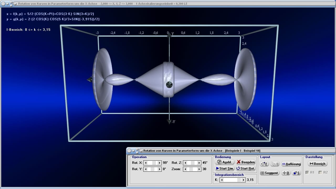 MathProf - Rotationskörper - Rotation von Körpern - Animation - Rotationsachse - Rotationsfläche - Volumenintegral - Statisches Moment - Volumen - Beispiel - Parameterdarstellung - Integral - Rotationsvolumen - Mantelfläche - Rotation um x-Achse - Integralrechnung - Bogenlänge - Grafisch - Darstellen - Plotten - Graph - Grafik - Zeichnen - Plotter - Rechner - Berechnen - Schaubild