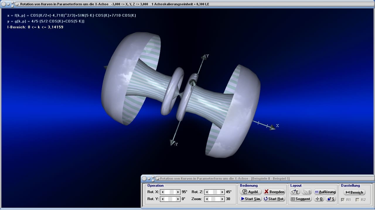 MathProf - Rotationskörper - Schwerpunkt - Volumen - x-Achse - Rotationsvolumen - Rauminhalt - Bogenlänge - Volumenintegral - Statisches Moment - Animation - Simulation - Beispiel - Parameterdarstellung - Parameterkurven - Parametergleichungen - Mantelfläche - Rotationart - Darstellen - Plotten - Graph - Grafik - Zeichnen