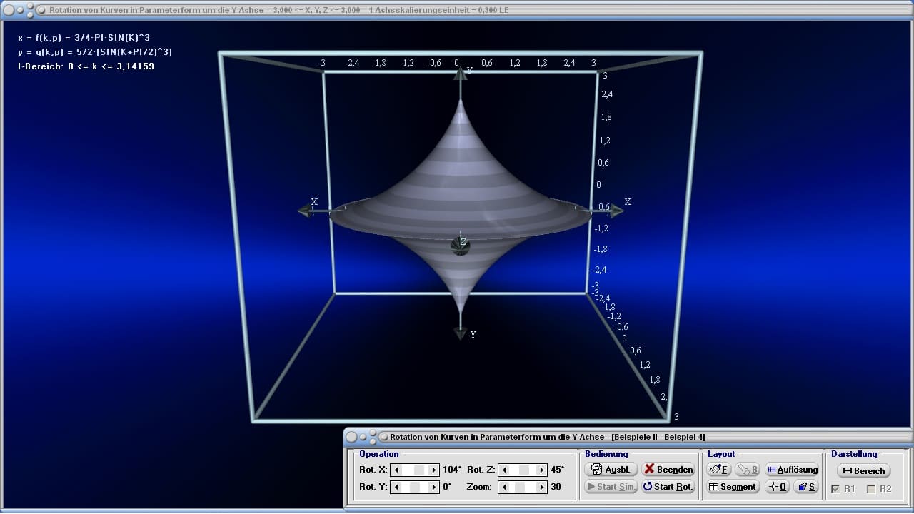 MathProf - Rotationskörper - Parameterkurven - Parametergleichungen - Parameterform - Rotation von Körpern - Animation - Rotationsachse - Rotationsfläche - Volumenintegral - Statisches Moment - Volumen - Beispiel - Integralrechnung - Mantelfläche - Integral - Volumen - Rotationsvolumen - Rotation um y-Achse - Bogenlänge - Volumenintegral - Graphisches Integrieren - Grafische Integration - Darstellen - Plotten - Graph - Grafik - Zeichnen - Plotter - Rechner - Berechnen - Schaubild
