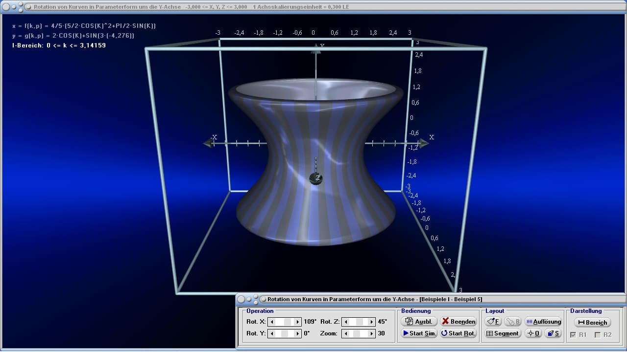 MathProf - Rotationskörper - Parametergleichungen - Parameterform - Parameterdarstellung - Rotation von Körpern - Animation - Rotationsachse - Rotationsfläche - Flächeninhalt - Mantelfläche - Oberfläche - Plotten - Beispiel - Integralrechnung - Integral - Volumen - Rotationsvolumen - Rotation um y-Achse - Bogenlänge - 3D-Plot - 3D-Grafik - Zeichnen - Plotter - Rechner - Berechnen - Schaubild