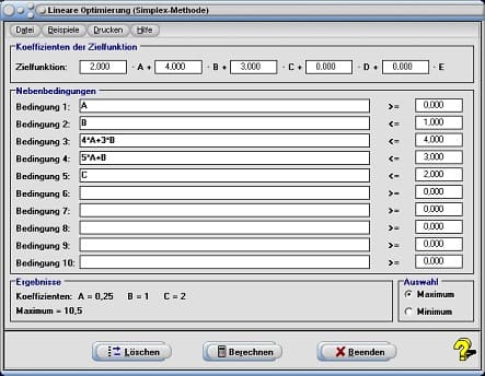 MathProf - Simplex - Methode - Primaler Simplex - Programm - Maximierung - Wirtschaftsmathematik - Minimierung - Minimum - Maximum - Bedingungen - Koeffizienten - Optimierungsverfahren - Kosten - Kostenrechnung - Kostenminimierung - Optimierung - Optimierungsaufgaben - Optimierungsmethode - Rechner - Berechnen - Lösen von Maximierungsaufgaben - Aufgaben - Beschreibung - Definition - Rechnerisch - Ungleichungssystem