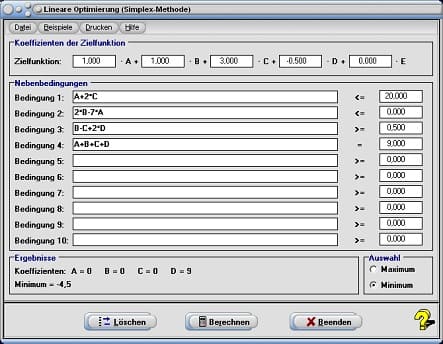 MathProf - Simplex-Verfahren - Lineare Optimierung - Ungleichungssysteme - Lineare Ungleichungssysteme berechnen - Simplex - Methode - Optimierungsprobleme - Optimierungsrechner - Optimierungsrechnung - Nebenbedingungen - Lineares Optimierungsproblem - Simplex Tableau - Schlupfvariablen - Nullvariablen - Basisvariablen - Lösen von Optimierungsaufgaben - Rechner - Berechnen