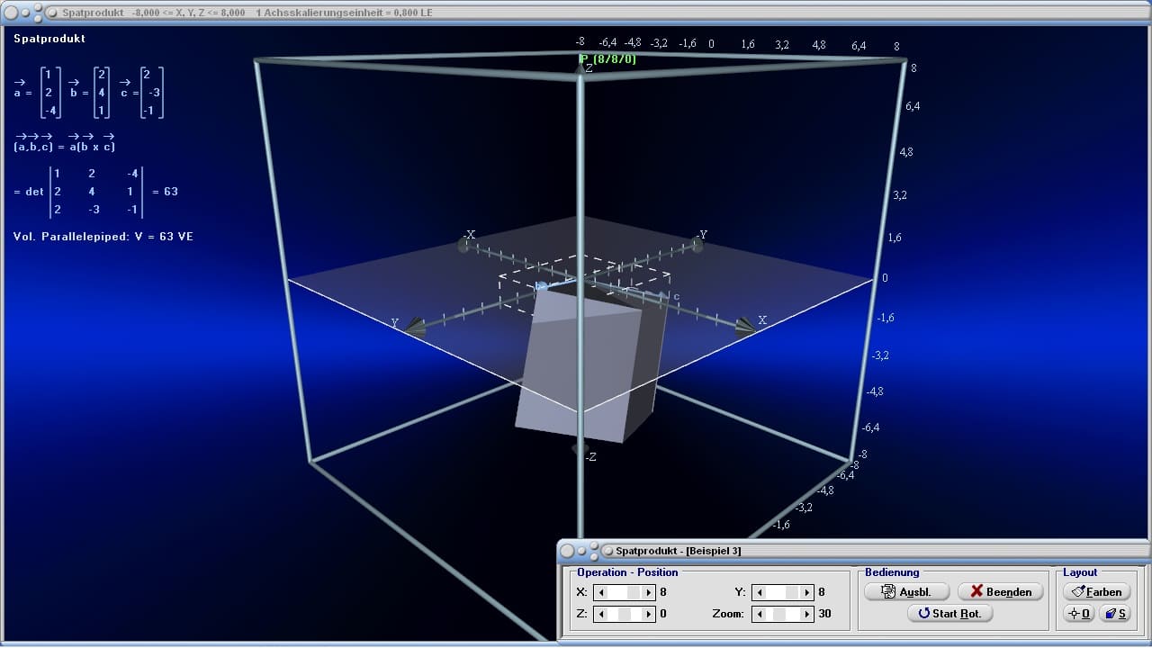 MathProf - Spatprodukt - Spat - Volumen - Spatvolumen - Vektorrechnung - Parallelepiped - Gemischtes Produkt - Ermittlung des Spatprodukts - Graph - Grafisch - Bild - Beispiel - Aufspannen - Darstellung - Berechnung - Grafik - Dreidimensional - Grafik - Zeichnen - Plotter