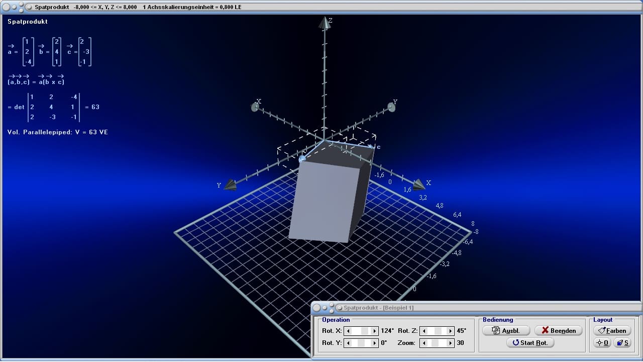 MathProf - Spatprodukt - Gemischtes Produkt - Parallelepiped - Spat - Volumen - Spatvolumen - Vektorrechnung - Ermittlung des Spatprodukts - Grafisch - Bild - Beispiel - Aufspannen - Berechnung - Dreidimensional - Grafik - Zeichnen