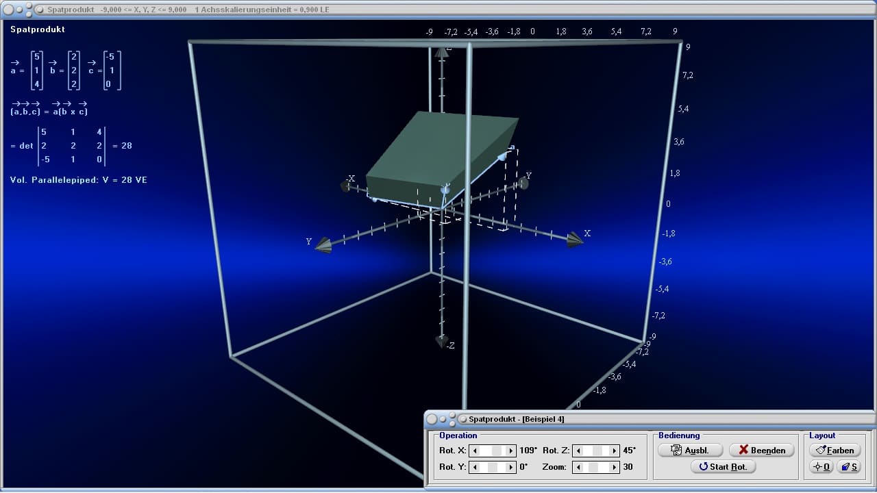 MathProf - Spatprodukt - Spat - 3D - Rechner - Berechnen - Graph - Plotten - Formel - Eigenschaften - Volumen - Vektoren - Gleichung - Darstellen - Zeichnen - Darstellen - Volumen eines Spats - Spatvolumen berechnen - Grafik - Plotter