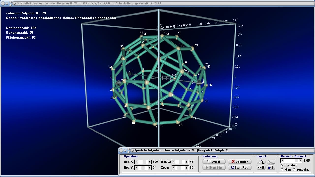 MathProf - Polyeder - Vielflächner - Konvexe Polyeder - Körper - Raum - 3D - Dreidimensional  - Eigenschaften - Liste - Tabelle - Ecken - Kanten - Gitter - Koordinaten - Darstellen - Plotten - Graph - Grafik - Zeichnen - Plotter