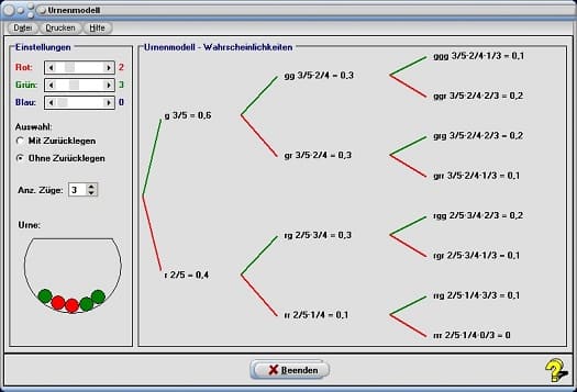 MathProf - Urnenmodell - Wahrscheinlichkeitsrechnung - Arbeitsblatt - Arbeitsblätter - Unterrichtsmaterial -  - Urnenmodelle - Baumdiagramm - Binomialkoeffizient - Kugeln - Hypergeometrische Verteilung - Ohne Zurücklegen - Ziehen - Beispiel - Wahrscheinlichkeit - Rechner - Berechnen