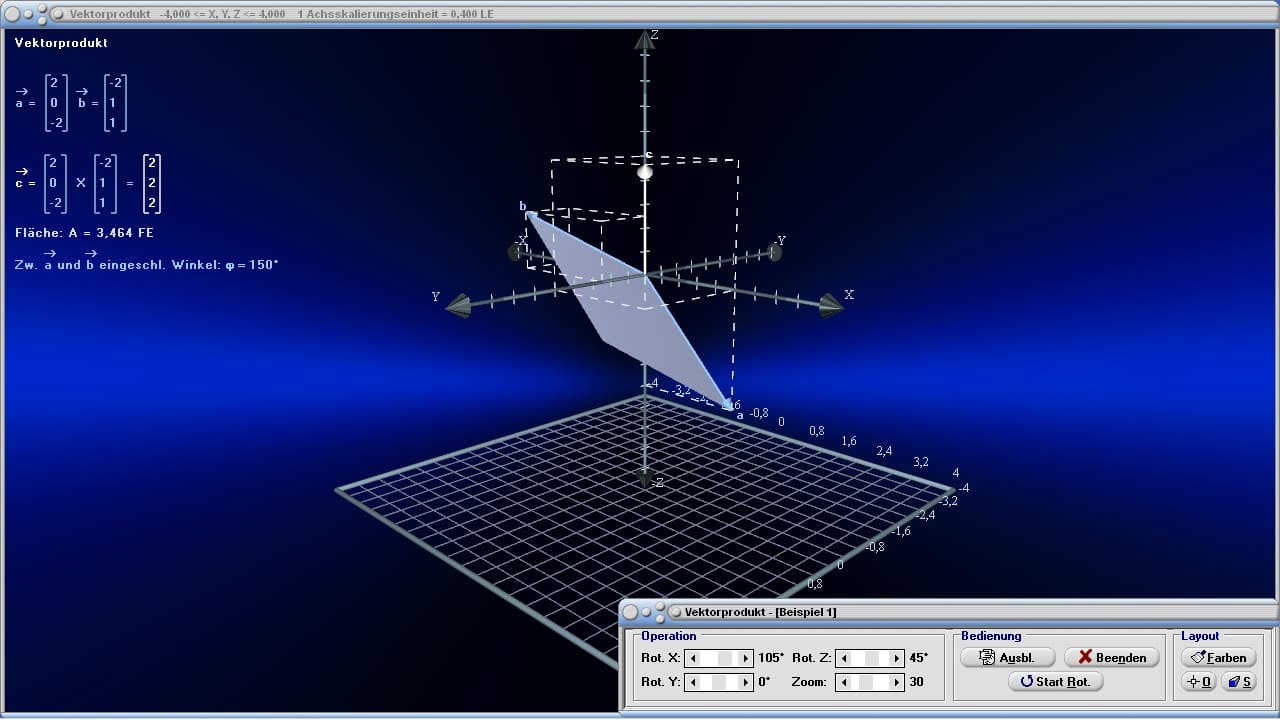 MathProf - Vektorprodukt - Vektorielles Produkt - Kreuzprodukt - Äußeres Produkt - Vektorrechnung - Vektor - Flächeninhalt beim Vektorprodukt - Flächeninhalt beim Kreuzprodukt - Kreuzprodukt - Kreuzprodukt zweier Vektoren - Fläche zwischen Vektoren - Bilden - Winkel - Fläche - Flächeninhalt - Matrix - Parallelogramm - Darstellen - Plotten - Grafisch - Rechner - Berechnen - Grafik - Zeichnen - Plotter