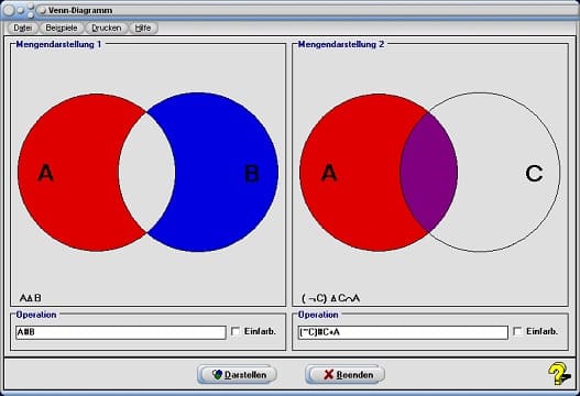 MathProf - Venn-Diagramm - Euler-Diagramm - Vereinigungsmengen - Elemente einer Menge - Mengen und Abbildungen - Identitätsgesetz - Differenz - Mengenbildung - Zwei Mengen - Drei Mengen - Schreibweise - Schnittmengen - Differenzmengen - Teilmengen - Komplementmengen - Durchschnittsmengen - Beispiel - Mengenoperationen - Grundmenge - Differenzmenge - Komplement einer Menge - Komplementmenge - Komplementärmenge - Darstellen - Plotten - Rechner - Berechnen