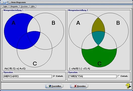 MathProf - Venn-Diagramm - Leere Menge - Vereinigungsmenge - Schnittmenge - Berechnung - Beziehungen - Verknüpfung - Komplement - Operatoren - Vereinigen - Untersuchen - Untersuchung - Grafisch - Bild - Darstellung - Differenzmenge - Teilmenge - Komplementmenge - Durchschnittsmenge - Beispiel - Mengenalgebra - Mengenverknüpfungen - Beispiele - Rechner - Berechnen