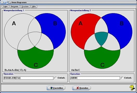 MathProf - Venn-Diagramm - Euler-Diagramm - Komplement - Erklärung -  Bedeutung - Beschreibung - Arbeitsblatt - Arbeitsblätter - Unterrichtsmaterial - Aufgaben - Auswerten - Rechner - Berechnen - Durchschnitt - Vereinigung - Definition - Mengensymbole - Mengenberechnung - Beispiel - Mengenalgebra - Schnittmenge - Mengenoperationen - Mengenverknüpfungen