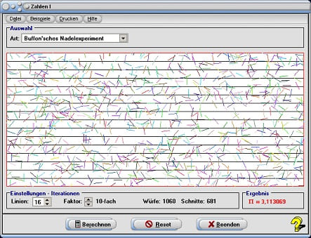 MathProf - Buffonsches Nadelproblem - Buffonsches Nadelexperiment - Buffon - Nadelexperiment - Zahlen - Beispiel - Darstellen - Plotten - Graph - Rechner - Berechnen - Grafik - Zeichnen - Plotter