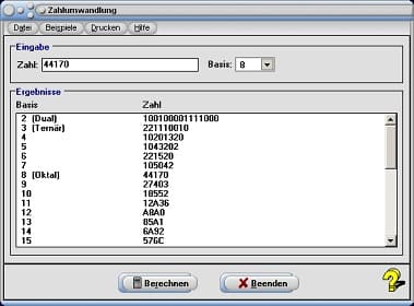 MathProf - Zahlen - Dualdarstellung - Binärdarstellung - Rechner - Berechnen - Beispiel - Basis - Basis 2 - Basis 3 - Basis 4 - Basis 5 - Basis 6 - Basis 7 - Basis 8 - Basis 9 - Basis 10 - Basis 11 - Basis 12 - Basis 16 - Basis 20 - Basis 36 - System - Ternärsystem - Konvertieren - Umrechnen - Umrechnung - Umwandler - Umwandlung - Wandler - Tabelle - Liste
