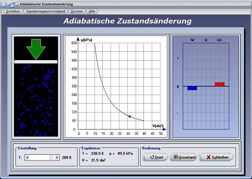 PhysProf - Temperatur - Druckänderung - Druck-Volumen-Diagramm - Innere Energie - Thermische Energie - Reversibler Prozess - Adiabatenexponent - Isentropenexponent - Adiabatische Arbeit - Expansion - Kompression - Adiabatische Temperaturerhöhung - Gleichungen - Adiabatengleichungen - Abkühlung - Rechner - Berechnen - Entropieänderung - Reversibler Prozess - Verrichtete Arbeit - Gasmasse