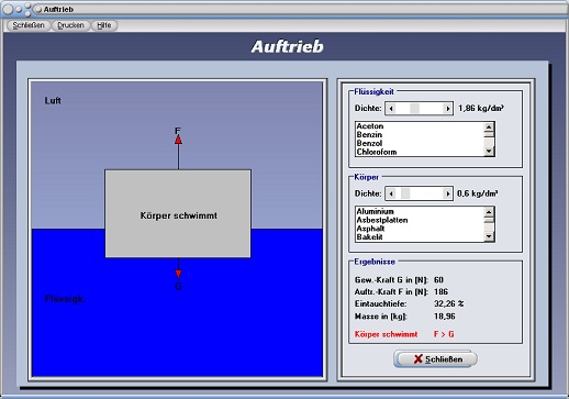 PhysProf - Auftrieb - Kraft - Masse - Druck - Körper - Material - Physik - Berechnen - Simulation - Wasser - Dichte - Wichte - Volumen - Schwerkraft - Bild - Fallbeschleunigung - Rechner - Grafik - Plotter - Auftriebskraft - Schweredruck - Verdrängung - Verdrängtes Volumen