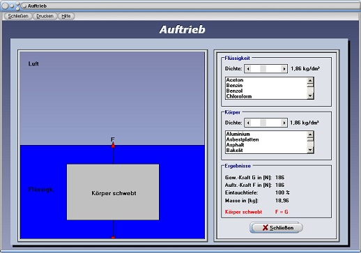 PhysProf - Eintauchtiefe - Experiment - Rechner - Schwerkraft - Auftrieb in Flüssigkeiten - Wasser - Auftrieb in Wasser - Steigen - Schwimmen - Schweben - Sinken - Schwimmkörper - Tauchen - Simulation - Formel und Einheit für die Gewichtskraft - Formel - Einheit - Berechnen