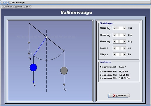 PhysProf - Balkenwaage - Physik - Waage - Berechnen - Masse - Länge - Drehmoment - Simulation - Drehwinkel - Lastarm - Neigungswinkel - Gleichgewicht - Momentengleichgewicht - Gleichungen - Experiment - Funktion - Gewicht - Rechner - Animation - Formel - Zeichnung