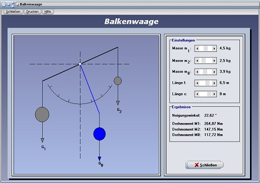 PhysProf - Balkenwaage - Waage - Hebelwaage - Physikalische Formel - Bild - Grafik - Definition - Aufbau - Masse - Drehmoment - Winkel - Schwerpunkt - Drehpunkt - Drehwinkel - Rechner - Berechnen - Gleichgewichtsbedingungen - Kräftegleichgewicht - Gleichgewichtsbedingung