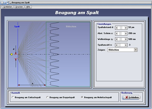 PhysProf - Beugung - Mehrfachspalt - Intensitätsminima - Intensitätsmaxima - Beugungsmaxima - Beugungsmuster - Darstellen - Rechner - Berechnen - Beugungsminima - Licht - Optisches Gitter - Lichtwellen - Spalt - Interferenzmuster - Interferenz am Doppelspalt - Destruktive Interferenz - Konstruktive Interferenz