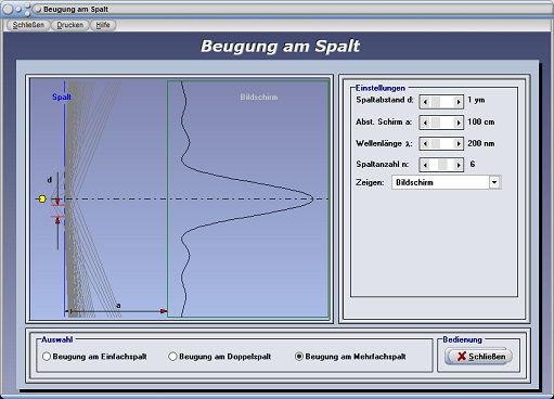 PhysProf - Beugungsbild - Intensitätsminima - Intensitätsmaxima - Interferenzbedingung - Interferenzen - Interferenz von Wellen - Simulation - Wellen - Huygenssches Prinzip - Darstellen - Rechner - Berechnen - Beugungsmaxima - Beugungsmuster