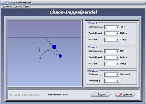 PhysProf - Chaos-Pendel - Chaotisches Pendel - Winkel - Masse - Doppelpendel - Chaotisches Verhalten - Dämpfung - Berechnen - Masse - Darstellen - Plotten - Grafisch - Rechner - Grafik - Plotter - Animation - Schwingungsgleichung - Pendellänge - Pendelstangen